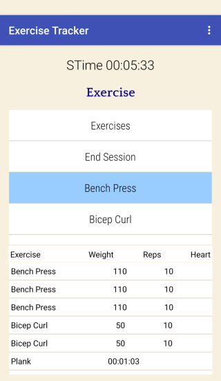 ExerciseTracker Main App Screen